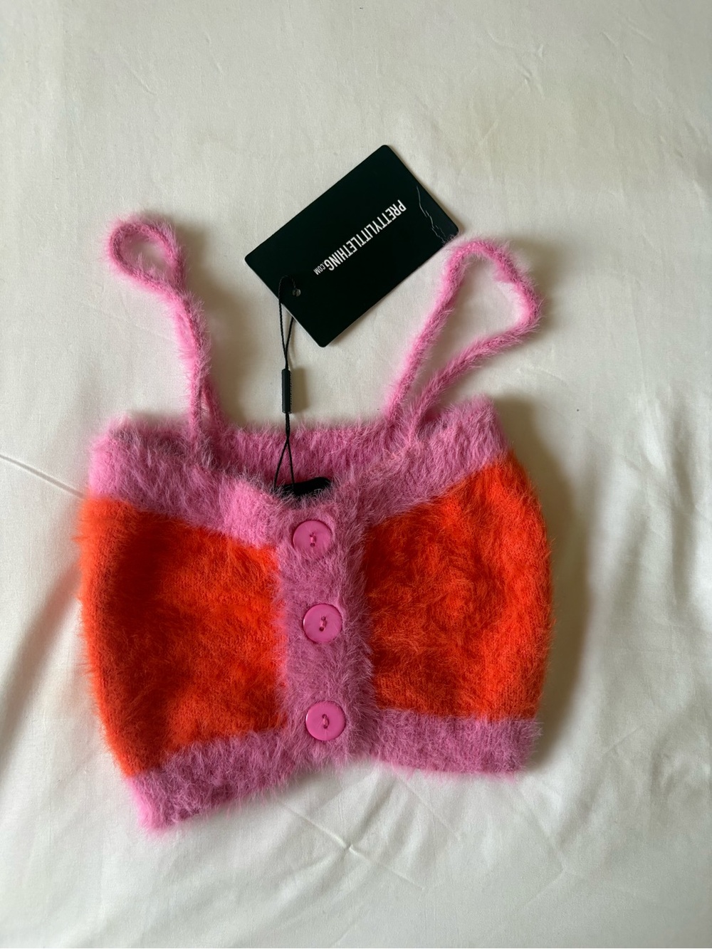 PrettyLittleThing Pink and Orange Fuzzy Button Crop Tank
